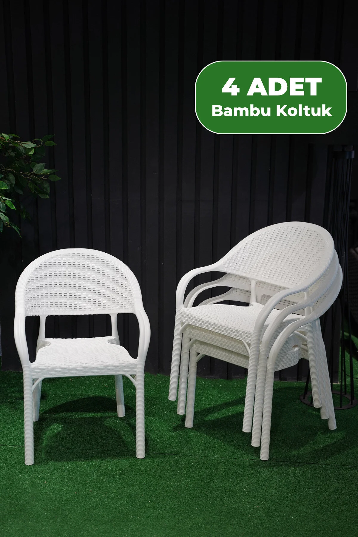 Alezy Bambu Rattan Kollu Koltuk 4 Adet Beyaz