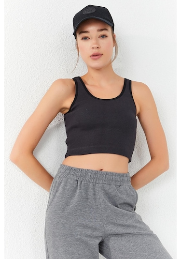 Tommy Life Füme Basic Sıfır Kol Dar Kalıp U Yaka Kadın Crop Top Atlet - 97160 Füme