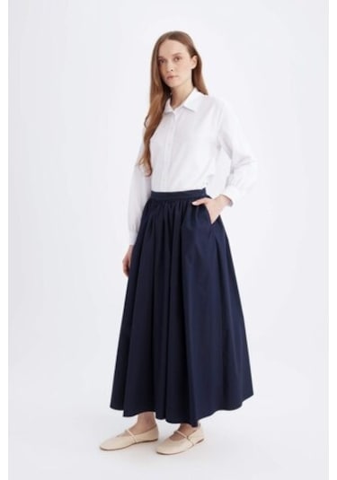Defacto A Kesim Beli Fermuarlı Basic Düz Poplin Kumaş Maxi Etek E0464AX24AUNV243 Lacivert