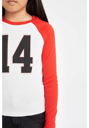 DeFacto Kız Çocuk Bisiklet Yaka Sayı Desenli Fitilli Kaşkorse Uzun Kollu Tişört D6499A8NSWT34 Beyaz