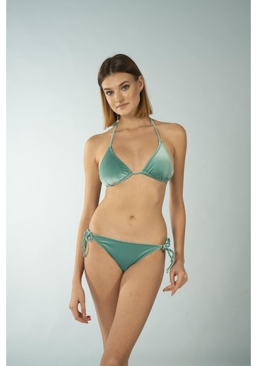 Estiva Parlak Üçgen İpli Bikini Takımı - Yeşil Kadife Çok Renkli
