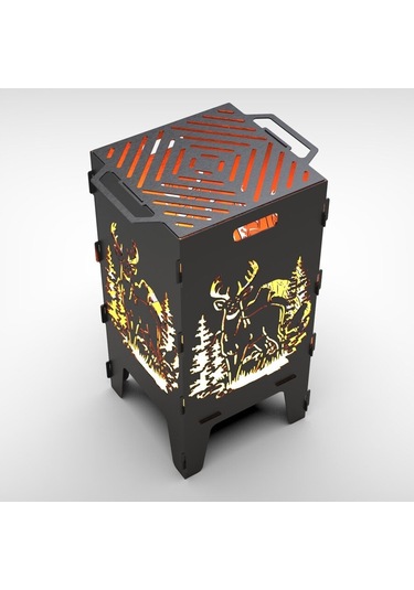 Portatif Ateş Çukuru Ve Mangal Herbir Tarafı Geyik Desenli Izgara