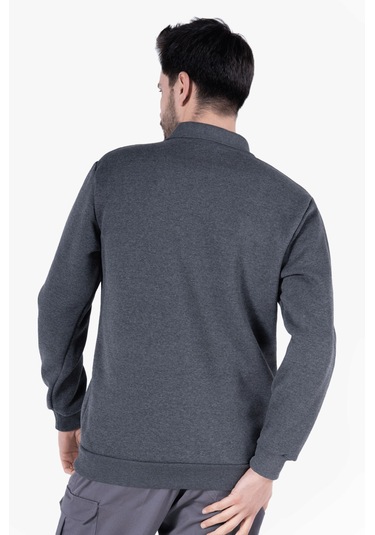 3 İplik Polo Yaka Fleto Cepli Sweatshirt Antrasit Melanj