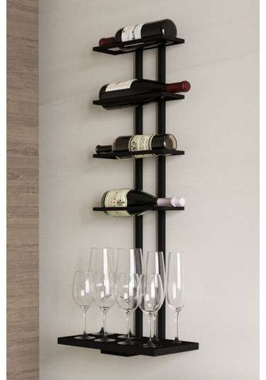 Aju Şaraplık Ve Kadeh Rafı Duvara Monte Şarap Mahseni Modern Duvar Alkol Rafı Metal Ve Ahşap Tasarım Siyah