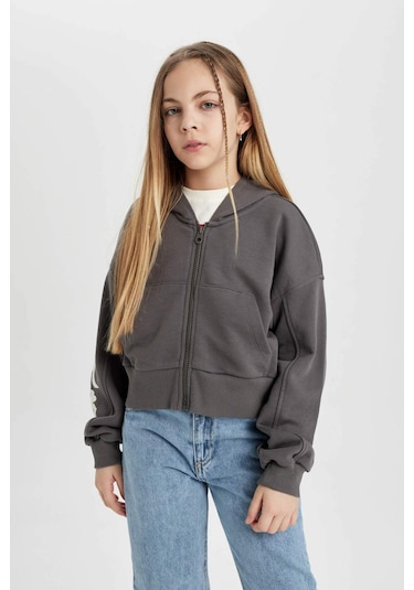 Defacto Kız Çocuk Kapüşonlu Fermuarlı Sweatshirt B9553A824SPGR311 Gri