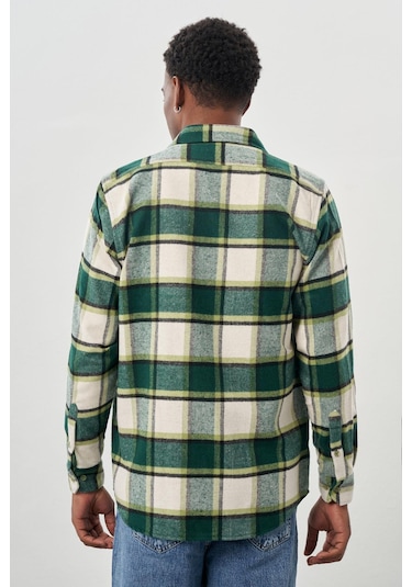 Koyu Lacivert Yünlü Ekose Desen Yumuşak Yaka Cepsiz Uzun Kol Casual Comfort Fit Gömlek 1004245227 Koyu Lacivert