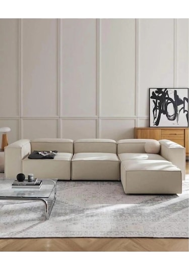 Mira Relax 4 Modül Köşe Koltuk Krem Keten Kumaş Antrasit