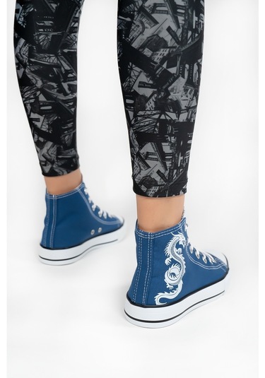 Kadın Baskılı Bilekli Keten Spor Ayakkabı Kot Mavisi Mavi