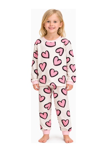 Pembe Kalpler Kız Çocuk Pijama Takımı Beyaz