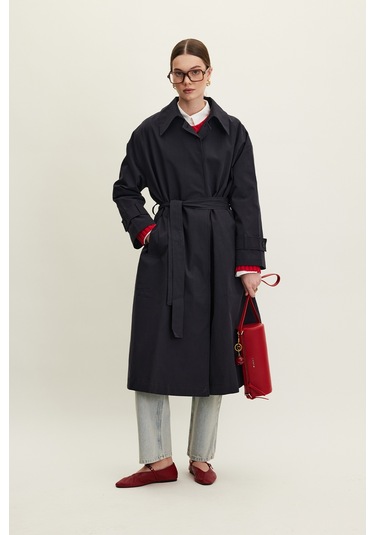 Kemerli Oversize Gabardin Trençkot Lacivert Lacivert