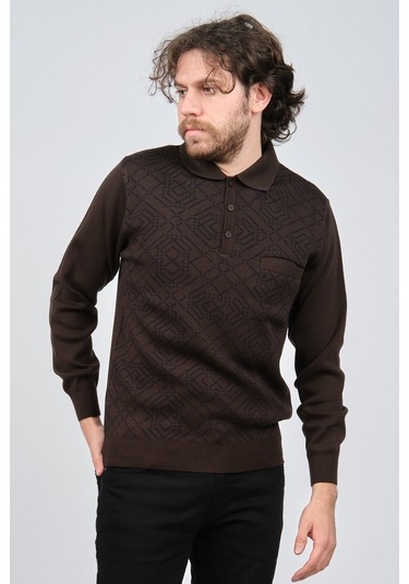 Ateş Triko Erkek Cep Detaylı Polo Yaka Desenli Yün Kazak 6092097 Kahverengi