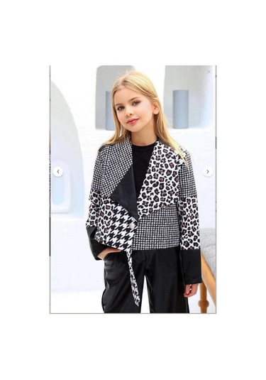 Riccotarz Kız Çocuk Üzeri Leopar Ve Kazayağı Deri Detaylı Ceket Bol Kesim Pantolon Siyah Alt Üst Takım Siyah