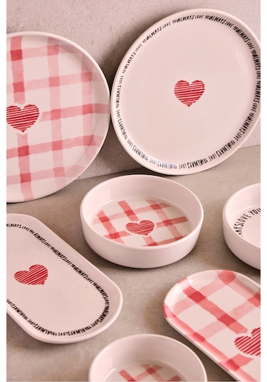 Hearts 14 Parça 6 Kişilik Kalpli Seramik Stackable Kahvaltı Seti Sunum Tabağı Cokrenklı Pembe