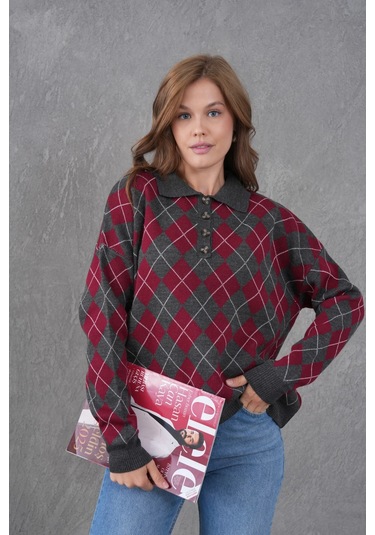 Kadın Polo Yaka Yarım Pat Düğme Detay Desenli Oversize Triko Kazak Antrasit