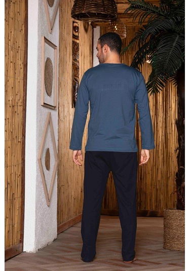 Erkek Penye Pamuk Regular Kalıp Sıfır Yaka Pijama Takımı A803123-koyu Mavi Koyu Mavi