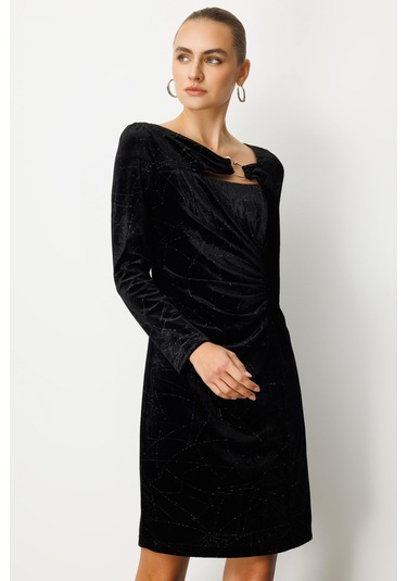 Ekol Kadın Önü Büzgülü Kadife Elbise 4035 Siyah Siyah