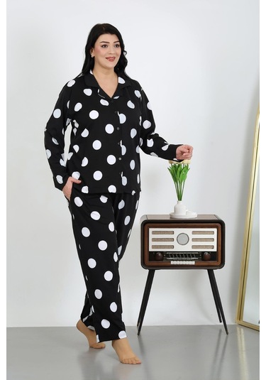 Akbeniz Kadın Büyük Beden Pamuklu Cepli Düğmeli Siyah Pijama Takım 202504 Siyah