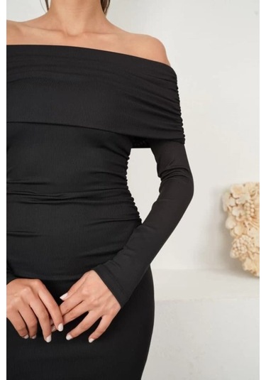 Kadın Madonna Mendil Yaka Fırsat Ürün Büzgülü Mini Elbise Siyah