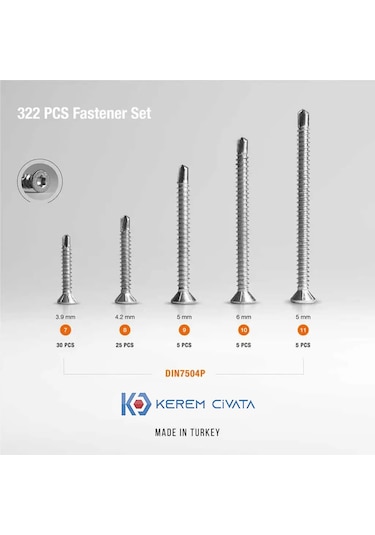 Kerem 322 Parça 13 Çeşit Matkap Uçlu Vida Seti 20 CM