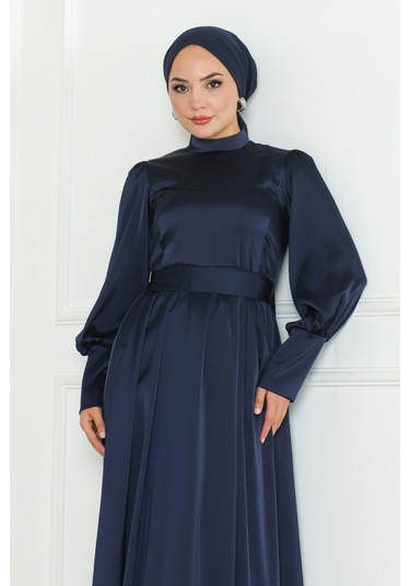 Kuşaklı Saten Abiye 1136 - Lacivert