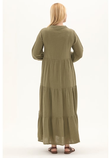 Uzun Kol Haki Düğmeli Yazlık Uzun Müslin Elbise