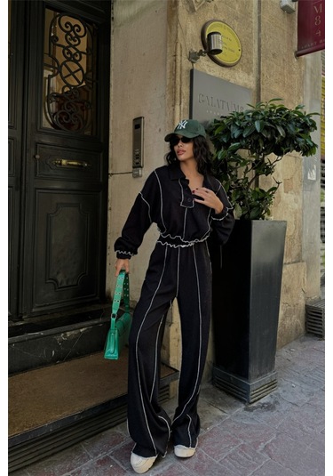 The İstanbul Biyeli Bluz Pantolon Takım Şönil Kumaş - Siyah Siyah