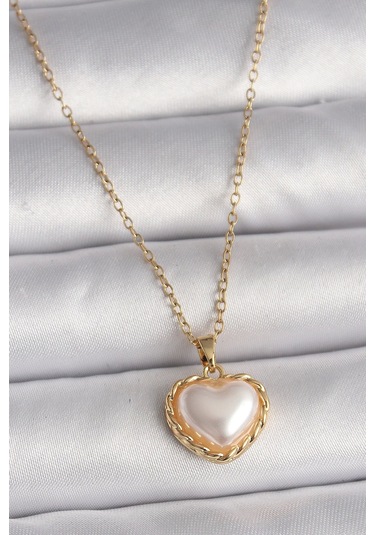 316l Çelik Gold Renk Zincir 3d İnci Kalp Model Kadın Kolye Çok renkli