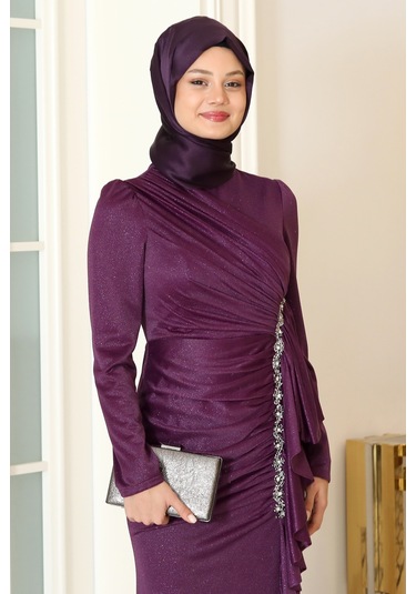 Parıltılı Fırfır Detaylı Zühre Tesettür Abiye Mor