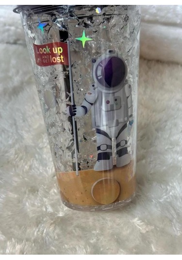Pipetli Bardak Matara Sevimli Suluk 450 Ml Çift Astronot Figürlü Gri
