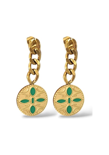 Glowy Aksesuar İşlemeli Yeşil Çiçek Motif Sallantılı Çelik Küpe Gold