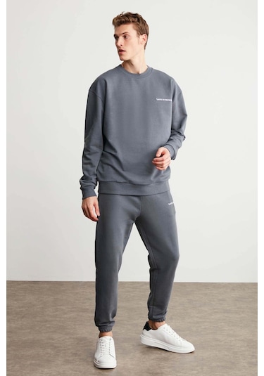 Raırok  Erkek Içi Polarlı Comfort Oversize Nakışlı Koyu Gri Sweatshirt