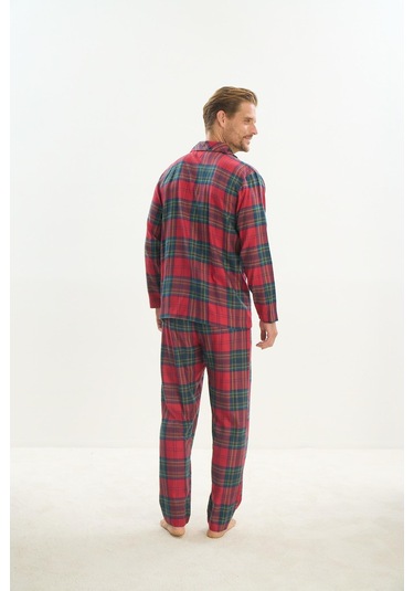Erkek Uzun Kol Gömlek Yaka Önden Düğmeli Kırmızı Pijama Takım C1t5n5o9 001