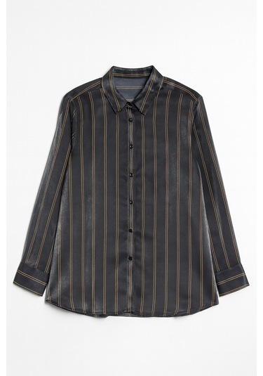 4594 Kadın Çizgili Saten Gömlek Siyah Siyah