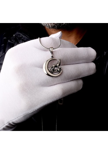 925 Ayar Gümüş Hilal Kurt Model Kolye Ucu 60 Cm Çelik Zincirli Kolye Gri