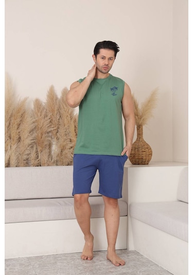 Seboteks %100 Pamuklu Kolsuz Cepli Erkek Şortlu Pijama Takımı 2011 Yeşil