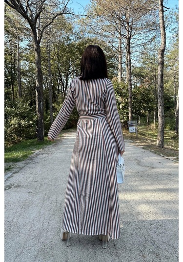 Kadın Kiremit & Ekru Çizgili Uzun Kol, Rahat Beli Kemerli, Cepli, Keten, Maksi Gömlek Elbise Kiremit