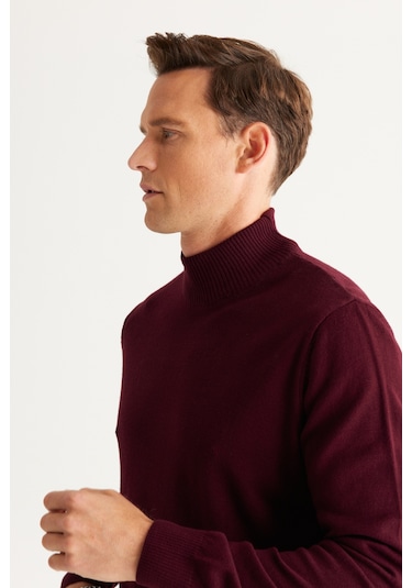 Erkek Bordo Sıyah 2'li Paket Standart Fit Normal Kesim Yarım Balıkçı Yaka Basic Triko Kazak Bordo Sıyah