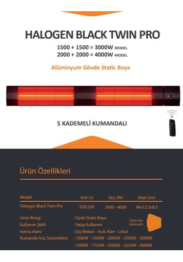 Ardonat Halogen Black Twin Pro Çifli 4000 W Kumandalı Cafe ve Teras Dış Mekan Isıtıcı