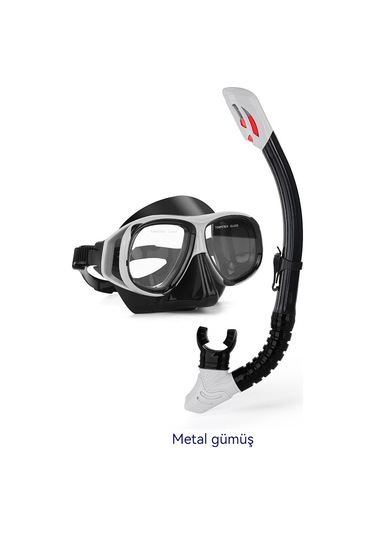 Profesyonel Şnorkel İki Parçalı Silikon Tam Kuru Şnorkel Büyük Çerçeve Sis Geçirmez Dalış Gözlüğü Seti Gümüş