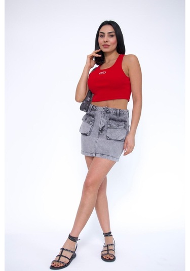 Zeo Basic Kargo Cepli Grey Mini Skirt Gri