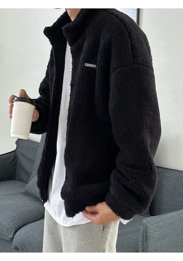 Oversize Tam Fermuarlı Kuzu Sweatshirt İçi Polarlı Sherpa Kumaş Sweatshirt Siyah