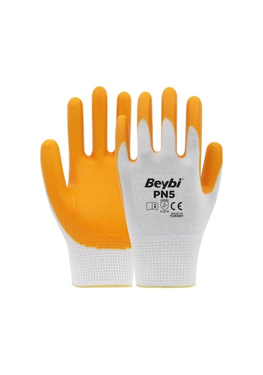 Beybi PN5 Polyester Örme Nitril Iş Eldiveni Beyaz – Sarı