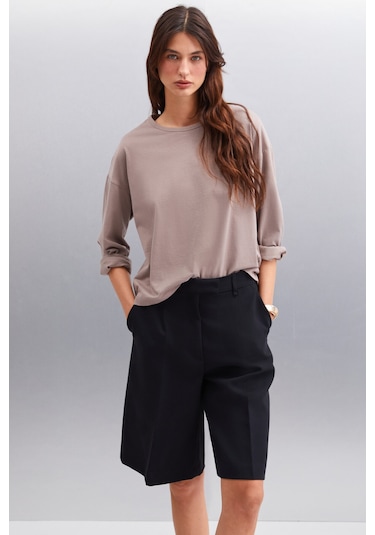 Basıl  Kadın Oversize %100 Organik Pamuk Örme Uzun Kol Vizon T-shirt