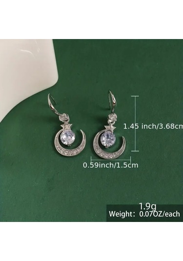 Parlak Taşlı Ay Ve Yıldız Temalı Sallanan Küpe Gümüş