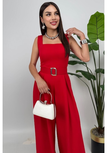 Noir Flow Kadın Kırmızı Kemerli Askılı Bol Paça Tulum Zarif Şıklık Kırmızı