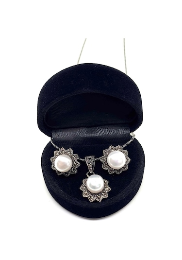 Oya Silver Markazit Işıltılı İnci Açan Gümüş Çiçek Set & Takım