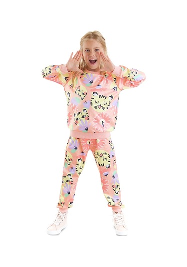 Denokids Çiçekli Kedi Kız Çocuk Eşofman Takım Çok Renkli