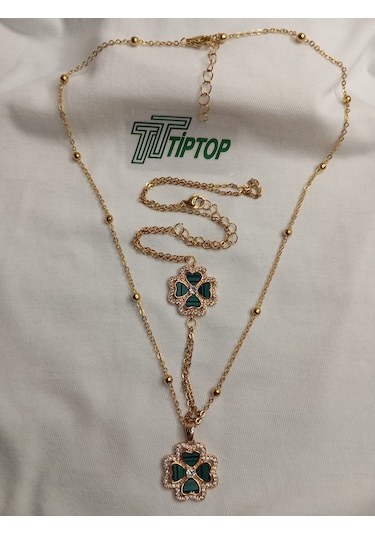 Tiptop/ Yeşil Mineli Yonca Model Gold Renk Kolye Ve Şahmeran Set Gold