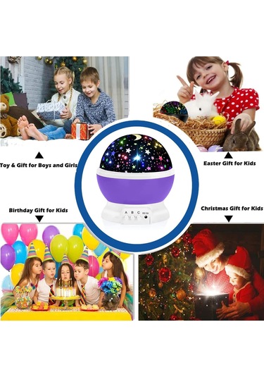 Teltree Mor Yıldızlı Ay Projeksiyon Lambası - Çocuklar İçin Döner Gece Aydınlatması Usb Şarjlı Mor