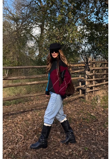 Mavi - Bordo Baklavalı Kazak - 7183 Mavi - Bordo